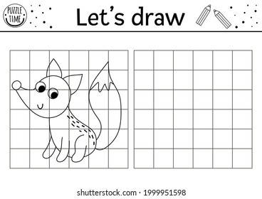Complete the fox picture. Vector forest drawing practice worksheet. Printable black and white activity for preschool children with animal. Copy the picture garden woodland themed game for kids
