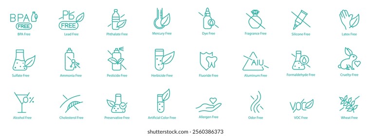 Complete Free-From Icon Set – BPA, Lead, Mercury, Dye, Fragrance, Silicon, Latex, Sulfate, Ammonia, Pesticides, Herbicide, Fluoride, Aluminum, Formaldehyde, Cruelty, Alcohol, Cholesterol 