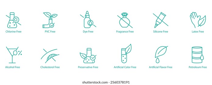 Complete Free-From Icon Set – Chlorine, PVC, Dye, Fragrance, Silicon, Latex, Alcohol, Cholesterol, Preservatives, Artificial Colors, Artificial Flavors, and Petroleum Free Vector Icons