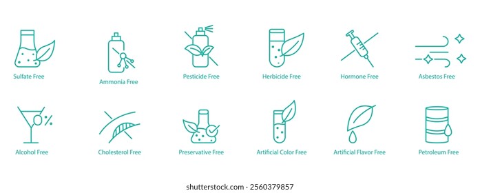 Complete Free-From Icon Set – Sulfate, Ammonia, Pesticide, Herbicide, Hormone, Acidosis, Alcohol, Cholesterol, Preservatives, Artificial Colors, Artificial Flavors, and Petroleum Free Vector Icons