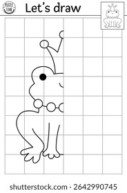 Complete the frog prince. Vector fairyland symmetrical drawing practice worksheet. Fairytale printable black and white activity for kids. Magic forest copy the picture coloring page with cute animal
