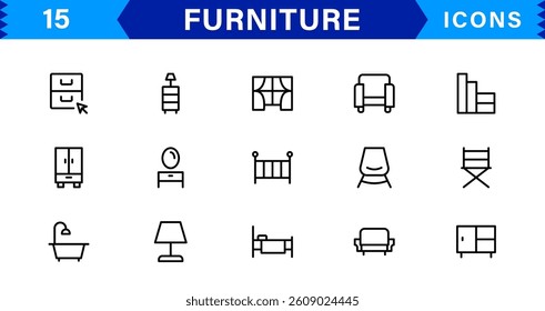 Complete Furniture Icon Set for Modern Design Projects. This Collection Features Chairs, Tables, and Stylish Home Decor Elements.