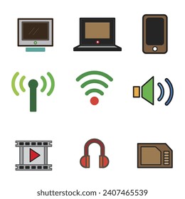 Completos gadget e iconos multimedia. fondo blanco aislado. ilustración vectorial