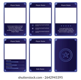 Complete game card set template with a combination of purple colors and ancient magic theme, for design, branding, and other needs