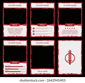 Complete game card set template with a red and white color combination and a modern mecha theme, for design, branding, and other needs