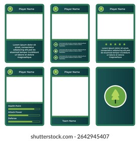 Complete game card set template with a combination of light and dark green colors and a forest reforestation or forest protection symbol theme, for design, branding, and other needs
