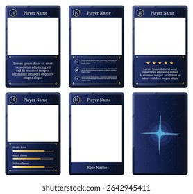 Complete game card set template with a combination of blue and dark colors and a space or universe theme, for design, branding, and other needs