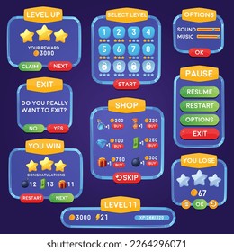 Complete game user Interface design kit. Includes buttons, elements, and icons set for games or apps. Mobile application interface elements. UI elements collection buttons for mobile development