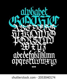 Complete Gothic alphabet. Vector. Uppercase and lowercase letters on a black background. Calligraphy. Elegant font for tattoo. Medieval European style. All Latin letters are written with a pen.