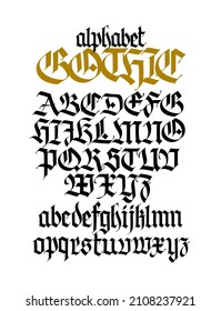 Complete Gothic alphabet. Vector. Uppercase and lowercase letters on a white background. Beautiful calligraphy. Font for tattoo. Medieval European style. All Latin letters are written with a pen.