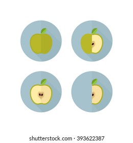 Complete  green apple, three-quarter green apple ,half green apple, fourth green apple fruit icon set. Flat design with long shadow effect in stylish colors of web design objects.