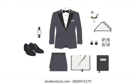 Complete groom tuxedo set with bowtie shoes watch and boutonniere for a wedding ceremony.