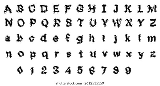 Complete grunge-style gothic font set with uppercase, lowercase letters, numbers, and symbols on white background for graphic design use.
