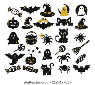 Complete Halloween Clipart Set Featuring Cute Ghosts, Bats, Spiders, Pumpkins, Black Cats, Candy, And Witch Hats In A Hand-Drawn Vector Illustration  