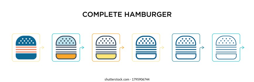 Complete hamburger vector icon in 6 different modern styles. Black, two colored complete hamburger icons designed in filled, outline, line and stroke style. Vector illustration can be used for web, 