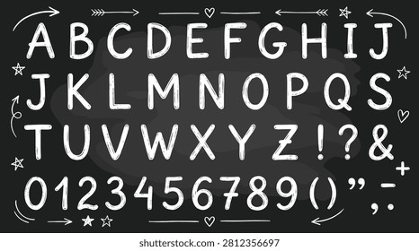Complete hand-drawn uppercase alphabet, numbers 0-9, and essential symbols