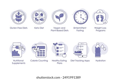 Complete Health and Diet Icons: Colección de iconos de dietología todo en uno, con trazo editable.