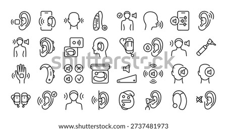 Complete hearing instrument and auditory health icon set in simple pictogram style with editable stroke. Vector symbols for audiology clinic websites, medical device catalogs, hearing care apps, and educational materials on auditory perception.