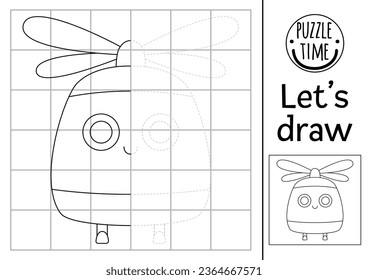 Vervollständigen Sie das Hubschrauberbild. Vektor Transport symmetrische Zeichnungspraxis Arbeitsblatt. Druckbare schwarz-weiße Aktivität für Kinder. Bildtransportseite kopieren
