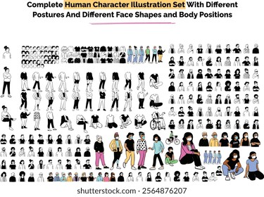 Complete Human Character Illustration Set With Different Postures And Different Face Shapes and Body Positions
