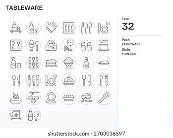Ein komplettes Icon-Archiv mit 32 Thin Line-Visuals rund um Tableware, geeignet für den Einsatz auf mehreren Plattformen.