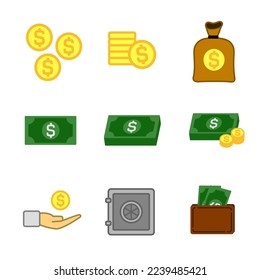 Complete Icon Pack of Money and Financial Activity with green dollar, deposit box, brown wallet and yellow coin. Perfect for asset design. 