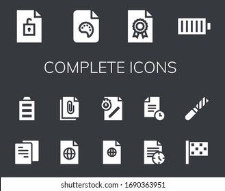 complete icon set. 14 filled complete icons.  Simple modern icons such as: File, Full battery, Finish flag