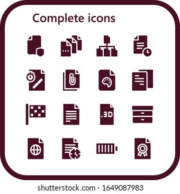 conjunto completo de iconos. 16 iconos completos rellenos. Archivo incluido, indicador Fin, Filtrado, iconos de batería completa