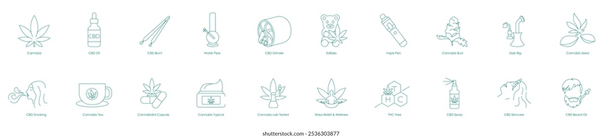 Conjunto completo de ícones de cannabis e produtos CBD, incluindo contundente, moedor e itens de bem-estar para cuidados holísticos