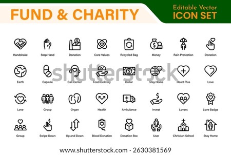 A Complete Icon Set for Charity Organizations, Fundraising Events, Nonprofit Campaigns, Donation Drives, Volunteer Programs, Social Justice, and Community Support Activities