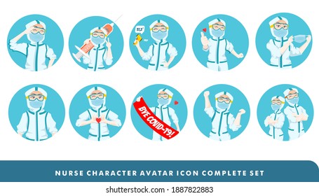 Complete Icon Set Of Expressive Nurse Character Illustration Wearing Ppe Hazmat Suit Avatar Icon With Different Posture And Gesture 