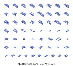 Complete isometric blue alphabet, numbers, and symbols set in bold style on white background. Concept of modern typography and digital design. Vector illustration