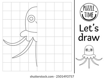 Complete the jellyfish. Vector ocean kingdom symmetrical drawing practice worksheet. Marine printable black and white activity for kids. Copy the picture coloring page with water animal
