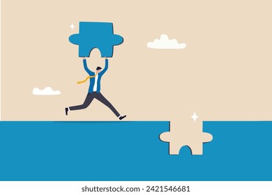 Complete jigsaw puzzle to solve business problem, solution or connection for business achievement, challenge and accomplishment concept, businessman complete last missing jigsaw puzzle piece.