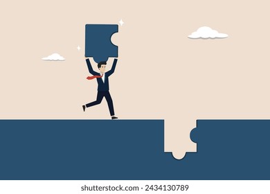 Complete jigsaw puzzle to solve business problem, challenge and accomplishment concept, businessman complete last missing jigsaw puzzle piece.