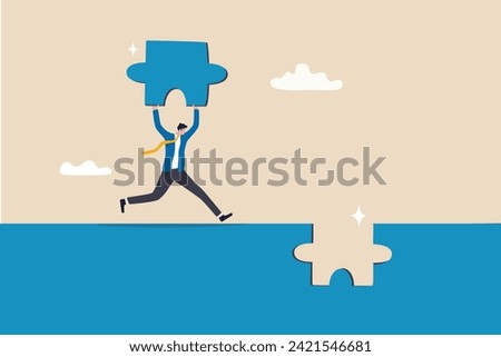 Complete jigsaw puzzle to solve business problem, solution or connection for business achievement, challenge and accomplishment concept, businessman complete last missing jigsaw puzzle piece.