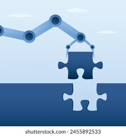 Complete jigsaw puzzle to solve problem, challenge and accomplishment, robot hand complete last missing jigsaw puzzle piece. Artificial intelligence is trained to solve complex tasks and problems.