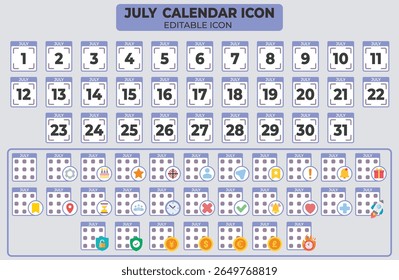Complete July calendar icon set with editable elements for business and personal planning