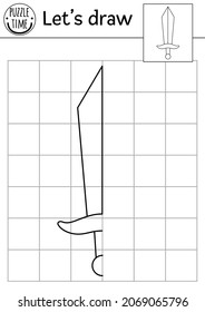 Completa la foto de la espada del caballero. Hoja de cálculo de prácticas de dibujo simétricas de vectores de cuento de hadas. Actividad imprimible en blanco y negro para niños en edad preescolar. Copiar la imagen del juego temático del reino mágico
