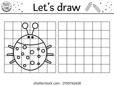Completa la foto de ladybird. Hoja de trabajo de práctica de dibujo del bosque vectorial. Actividad primaveral en blanco y negro para niños preescolares. Copiar la imagen del juego temático del insecto para niños
