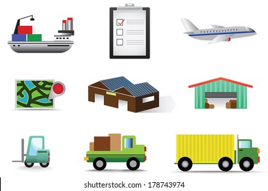 Complete logistic cargo warehouse inventory and transportation icon collection set, create by vector