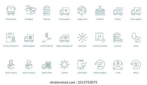 Conjunto completo de ícones do vetor da cadeia de fornecimento e logística para operações globais e gerenciamento eficiente de entregas
