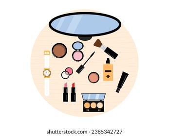 Complete make up tools, foundation, lipstick, eyelash, and shading, desk top view vector illustration.