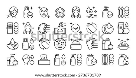 Complete makeup removal and skincare icon set in simple outline style with editable stroke. Beauty and hygiene symbols for face cleansing routines, designed for cosmetic websites, spa branding, and health-related content.
