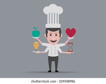 complete man chef, busy chef with hands full