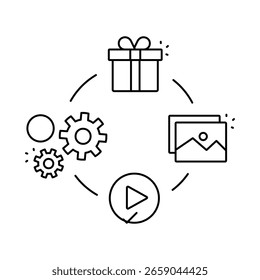 Icono completo del sistema del marketing, engranaje del proceso, Vector de la estrategia del regalo de los medios
