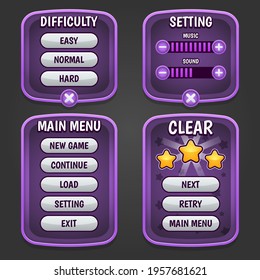 Complete menu of graphical user interface GUI. Screens, resource bars, icons for games ui set. Level select, paused, upgrades, arrow, in-app purchase. Vector illustration