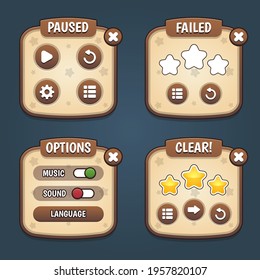 Complete menu of graphical user interface GUI. Screens, resource bars, icons for games ui set. Level select, paused, upgrades, arrow, in-app purchase. Vector illustration
