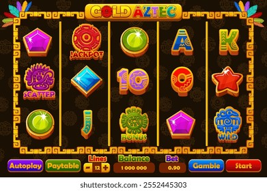 Complete menu and Set of 12 slot symbols Aztec or Mayan theme. Ui element for jackpot in gambling. Style Icons for 2D Games and Casino or Slots. Graphic elements for the development of slot machines.