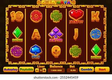 Complete menu and Set of 12 slot symbols Aztec or Mayan theme. Style Icons for 2D Games and Casino or Slots. Graphic elements for the development of slot machines